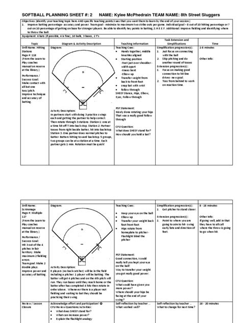 Lesson Plan For Softball Template