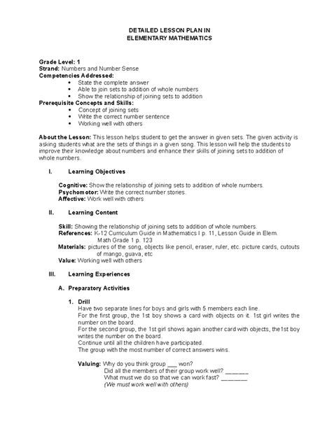 Lesson Plan In Mathematics For Elementary