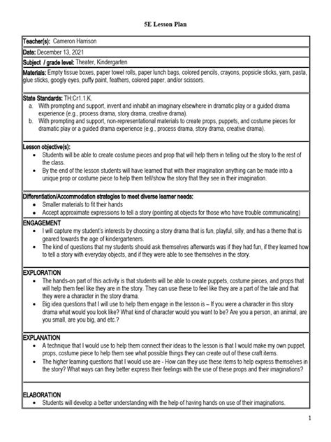 Lesson Plan Kindergarten PDF Lesson Plan Imagination
