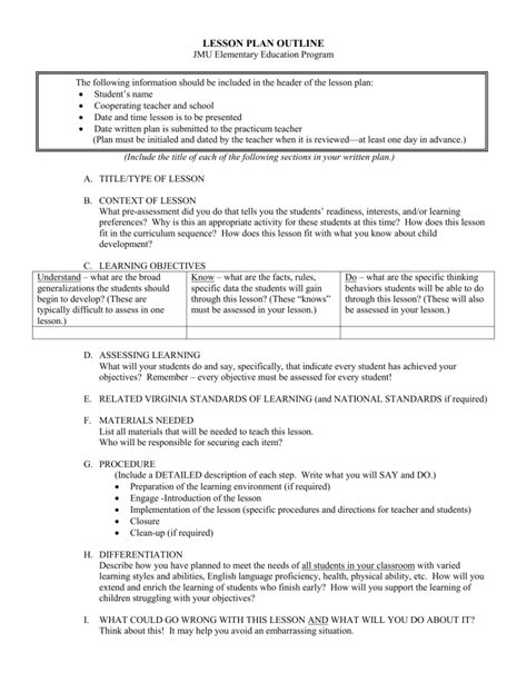 Lesson Plan Outline JMU Elementary Education Program A. TITLE/TYPE OF