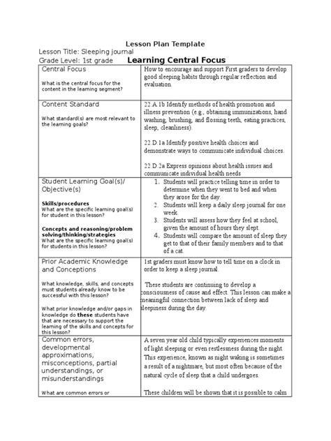 Lesson Plan Template EdTPA Sleep Science