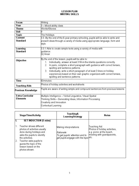 Lesson plan for writing skill for beginners