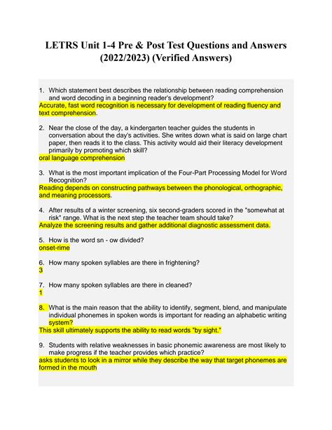 LETRS UNIT 7 ASSESSMENT QUESTIONS WITH CORRECT ANSWERS. How should the balance of instructional time spent on foundational reading skills and language comprehension between first grade and third grade for typical learners? Correct Answer The time spent on foundational reading skills should skift from about 40% in first grade to 20% in third grade.. 