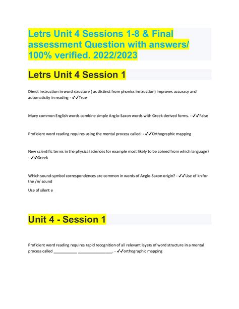 letrs unit 2 session 1 check for understanding. a student with general phonological awareness can learn to read fluently. even if the student has not yet developed awareness of. ... Letrs unit 4 session 7 &vert; verified latest update 2023 22. Exam (elaborations) - Letrs unit 4 assessment test & all sections quizzes 1-8 …. 