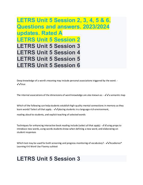 LETRS UNIT 3 SESSION 5 5.0 (40 reviews) Word chain activities should use real words only. Click the card to flip 👆 false Click the card to flip 👆 1 / 5 Flashcards Learn Test Match Q-Chat Created by mdees123 Teacher Terms in this set (5) Word chain activities should use real words only. false. 