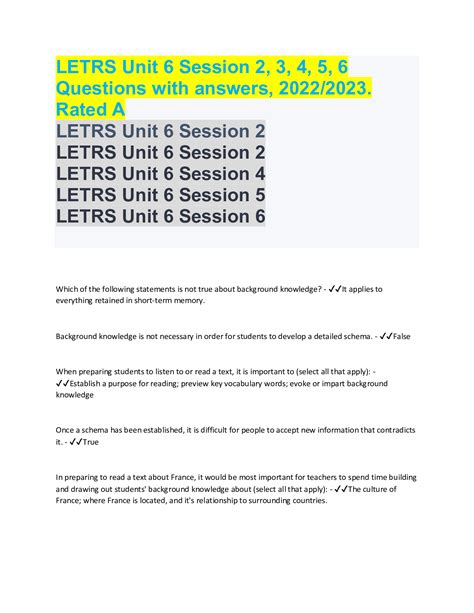 Exam (elaborations) - Letrs unit 6 session 4 questions and answers 5. Exam (elaborations) - Letrs unit 6 session 5 questions and answers Show more . The benefits of buying summaries with Stuvia: Guaranteed quality through customer reviews. Stuvia customers have reviewed more than 700,000 summaries. .... 