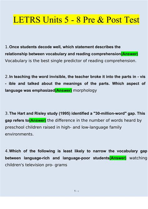 LETRS Units 5 - 8 Pre & Post Test, Answered-Once students decode well, which statement describes the relationship between vocabulary and reading comprehension? - Vocabulary is the best single predictor of reading comprehension. In teaching the word invisible, the teacher broke it into the parts ... [Show more]. 