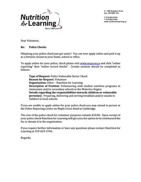 Letter for Police Check Request Program Coordinator Resources