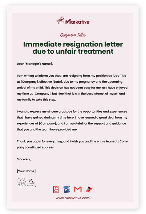 Letter of resignation due to unfair treatment. This sample resignation letter due to hostile work environment does not cite any reasons at all, instead, chooses to convey just the most important things about the resignation. “ [Name] [Address, including zip code] [Phone number or email] [Date] [Immediate Supervisor], I am resigning from my position as [title] for [xyz company] on … 