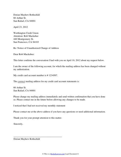 Letter to Notify a Credit Card of an Unauthorized Address Change
