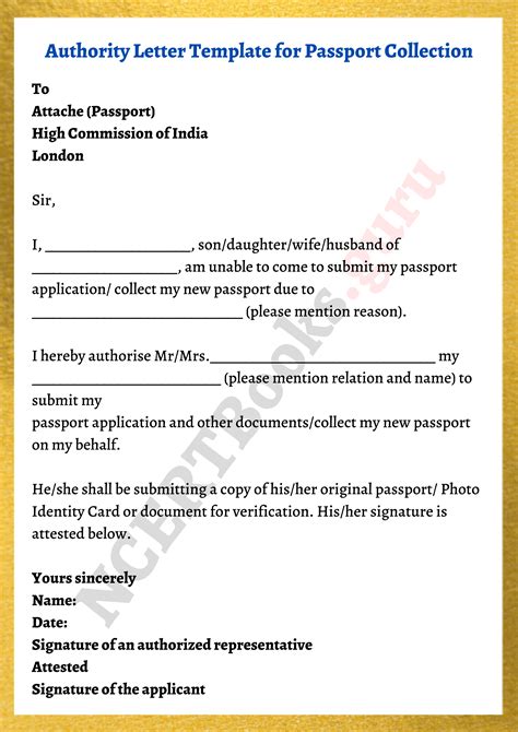 For further help authorization letter Sample template for giving permission or to represent or to act on behalf to collect document certificate or passport are given below for your quick reference and uses. Authorization Letter Format - Key points to be focussed. An authority letter is a formal document; it must be typed and signed clearly. 