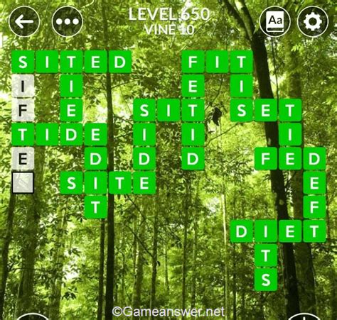 The words for level 650 are: FED, FIT, ITS, SET, SIT, TIE,