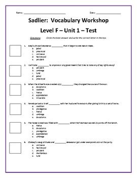 Level f unit 1. New Reading Passages open each Unit of VOCABULARY WORKSHOP. At least 15 of the the 20 Unit vocabulary words appear in each Passage. Students read the words in context in informational texts to activate prior knowledge and then apply what they learn throughout the Unit, providing practice in critical-reading skills. 