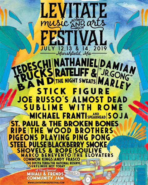 Levitation music festival. The Levitate Festival 2024 Lineup is available on the official website of the festival, featuring a vibrant lineup with various artists and genres. Levitate Festival, a grassroots music and arts festival held in Marshfield, Massachusetts, 