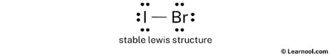 Lewis dot structure ibr. A \ce{A} A Lewis structure is a structural representation of a molecule wherein dot pairs or dashes represent electron pairs in the bond and dots adjacent to the atomic symbol are used to show the unshared electrons. a. IBr \textbf{a. IBr} a. IBr. Step 1. Determine the no. of atoms in the molecule: 