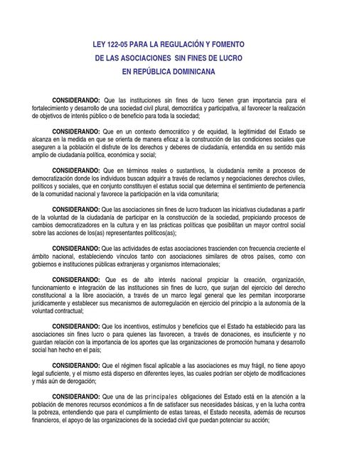 Ley 122 05 sobre regulación y fomento de las asociaciones sin fines de lucro en república dominicana. - Hans e. kinck og vår tid.