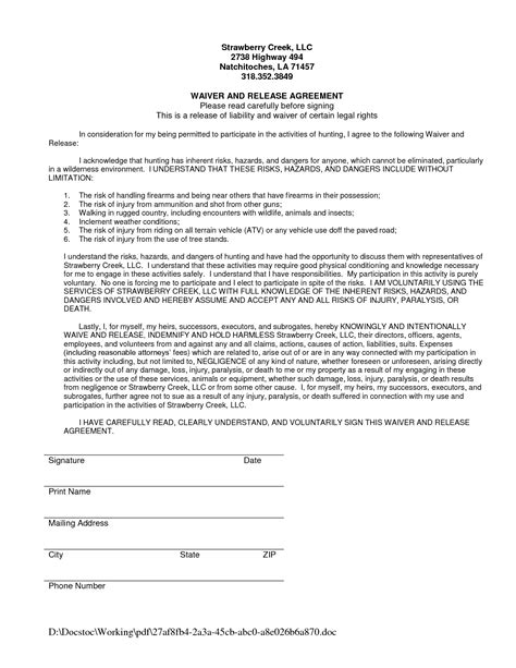 Liability Waiver Form Example