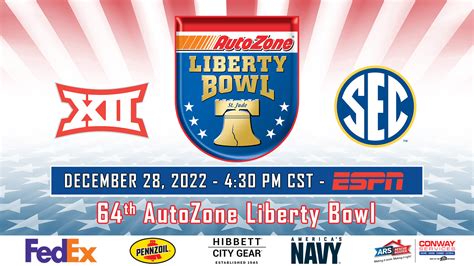 Liberty bowl 2022 teams. Autozone Liberty Bowl: 12/28/2022: Big 12 vs. SEC: $4,700,000: The AutoZone liberty bowl is the seventh oldest college bowl game. San Diego County Credit Union Holiday Bowl: 12/28/2022: PAC-12 vs. ACC: $6,532,700: This is the only bowl game to have a credit union as a title sponsor. Taxact Texas Bowl: 12/28/2022: Big 12 vs. SEC: $6,400,000 