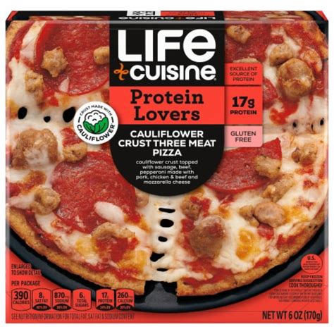 Life cuisine pizza. Protein 18g. 0% Vitamin D 0mcg. 32% Calcium 410mg. 9% Iron 1.6mg. 8% Potassium 380mg. 20% Vitamin A 180mcg. *. The % Daily Value (DV) tells you how much a nutrient in a serving of food contributes to a daily diet. 2,000 calories a day is used for general nutrition advice. 38 Net Carbs Per Serving. 