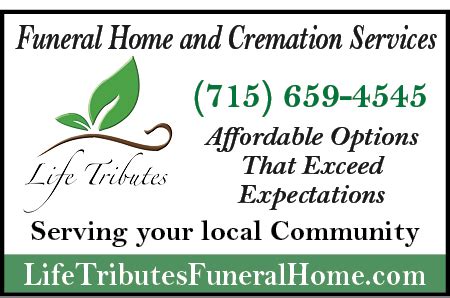 Life tributes funeral home. Life Tributes Funeral Home & Cremation Service. 901 S Lasalle St, Spencer, WI 54479. Call: (715) 659-4545. People and places connected with Dwight. Spencer, WI. Spencer Obituaries. Follow this Page. 