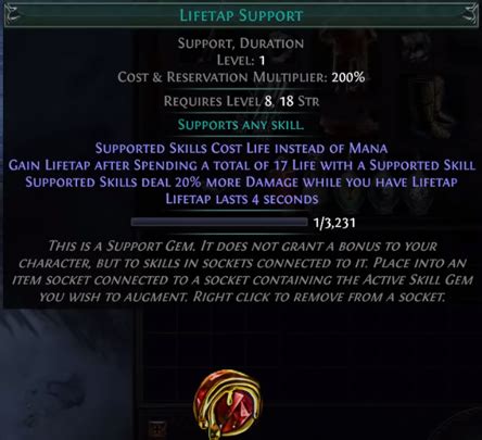 Lifetap poe. Item class: Support Gem Metadata ID: Metadata/Items/Gems/SupportGemLifeGainOnHit For the game mechanic, see Gain on hit. Life Gain on Hit is a support gem. For every hit made using an attack supported by this gem, you will gain the listed amount of life instantly. 