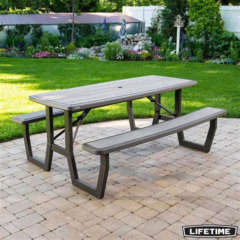 Lifetime commercial picnic table. With the Lifetime Picnic Table, you can enjoy wonderful days outside with family and friends every summer. Gray table has a smooth tabletop. Brown table has Rough Cut™ Texture … 