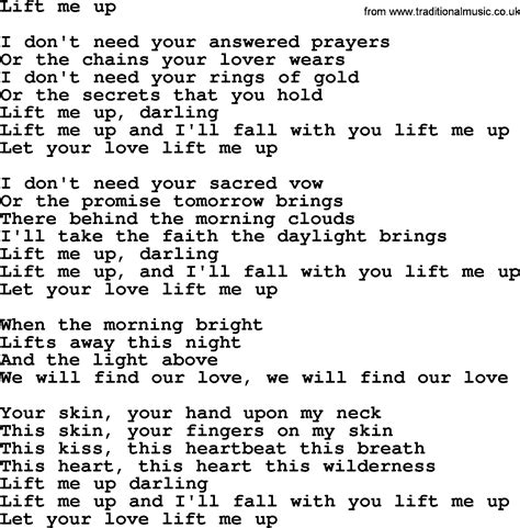 Lift me up lyrics. Lift Me Up Lyrics: Lord, my god, in the morning / Show me how I can serve you today / Lord, my god, in the evening / Let my song rise up to you / I know that you are holy / I know that I'm unclean ... 