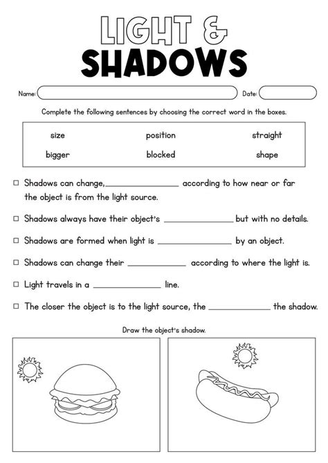 Light and shadow worksheets for grade 5 pdf.  Free | Printable | Science | Worksheets.  Forms o...