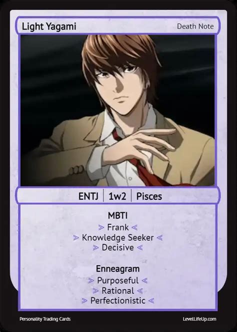 Light yagami mbti enneagram.  Light Yagami from Death Note is often typed as INTJ.  Light...