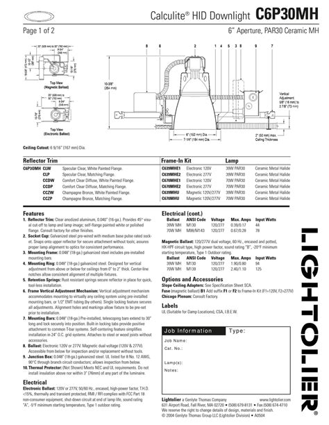 Lightolier Calculite C6P30MH Specification - ManualsLib