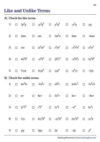 Like and unlike terms worksheet. com For like terms, the coefficients may d...