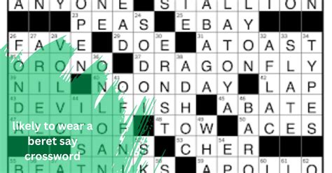 Like A Beret, Usually Crossword Clue Answers. Find the latest crossword clues from New York Times Crosswords, LA Times Crosswords and many more. ... Likely to wear a beret, say 3% 3 EDU: Abbr. after a dot, usually 3% 4 BRIM: What a …