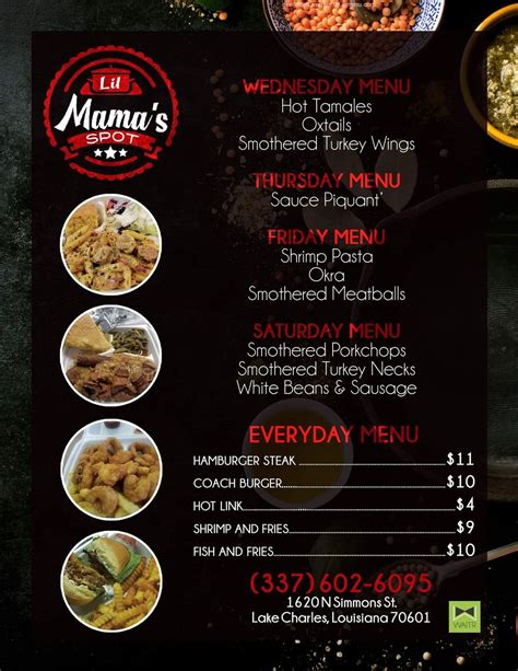 Lil Mama's Spot Wednesday Menu 3 Meat Jambalaya w/ Wings or Pork Chops Mac and Cheese and Cornbread Lil Mama's Supreme Gumbo Chicken, Sausage, Shrimp, Crabs, and Smoke Meat Everyday Menu Items.... 