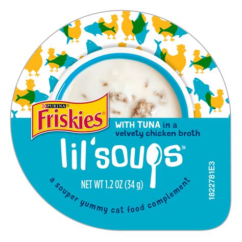 Lil soups. Product Description. Give your cat a little something extra to purr about when you offer her Friskies Lil' Soups with Sockeye Salmon in a Velvety Chicken Broth Lickable Cat Complement. Every serving features the delicious taste of real salmon and wholesome, high-quality ingredients you can feel good about serving. 