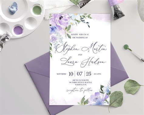 Lilac Wedding Invitation Template Purple Flowers Wedding Etsy Singapore