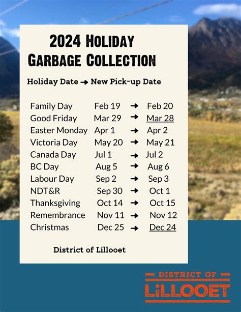 Lillooet BC Update2021 Holiday Garbage Collection Schedule