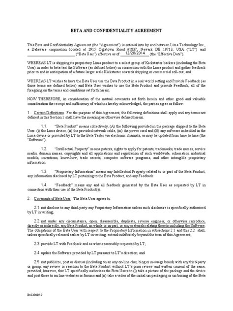 Lima Beta Testing Agreement Software Testing Trade Secret