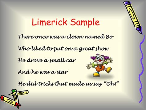 How to Master the Limerick Form. Download Article. 1. Create an AABBA rhyme scheme. A limerick has five lines. The first, second, and fifth line should rhyme with each other. This is rhyme "A." To create rhyme "B," rhyme the third and fourth lines with each other. Rhyme "A" and "B" should be different from each other.