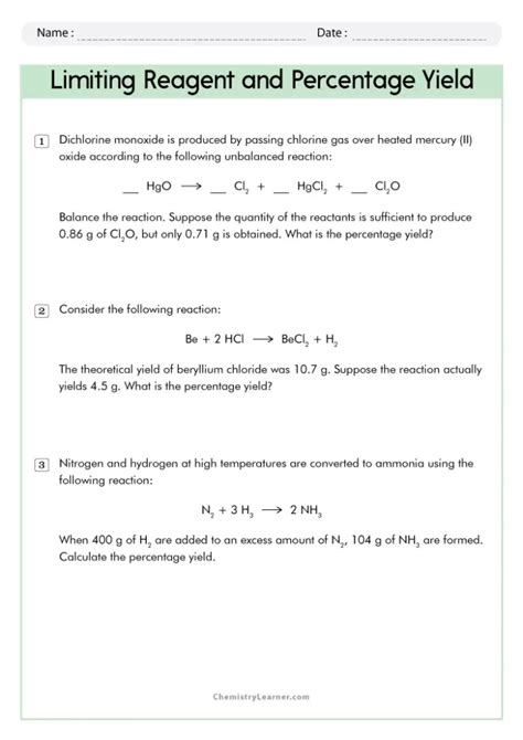 Limiting Reactant And Percent Yield Worksheet Answers worksheet