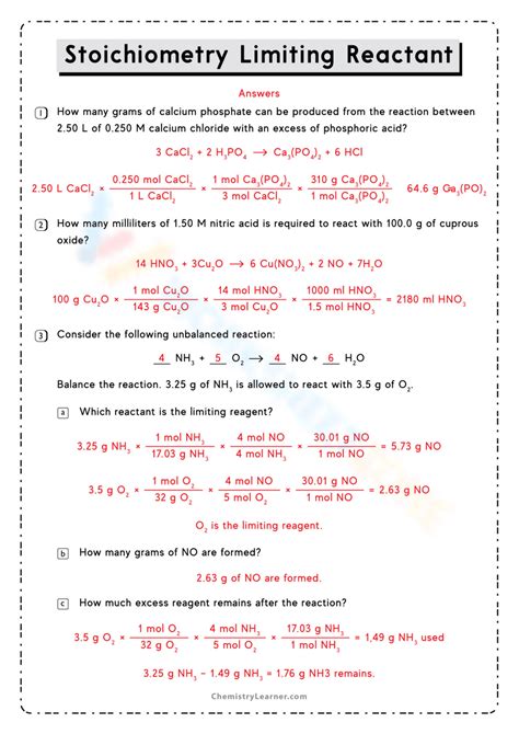 Limiting Reactant Worksheet / Limiting Reactants Home Learning