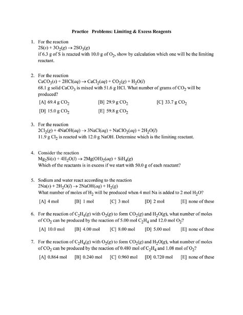 Limiting Reagent Practice Problems With Answers Limiting Rea