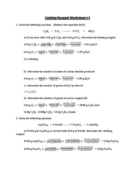 Limiting Reagent Worksheet 2 Kayra Excel