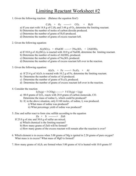 Limiting Reagent Worksheet Answers