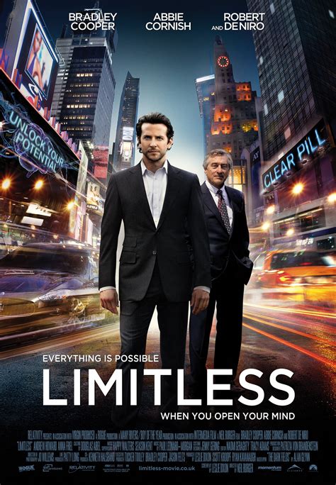 Limitless english movie. A paranoia-fueled action thriller about an unsuccessful writer whose life is transformed by a top-secret "smart drug" that allows him to use 100% of his brain and become a perfect version of himself. His enhanced abilities soon attract shadowy forces that threaten his new life in this darkly comic and provocative film. themoviedb. 