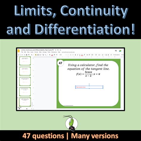 Limits, Continuity and Differentiability Calculus Review Task Cards