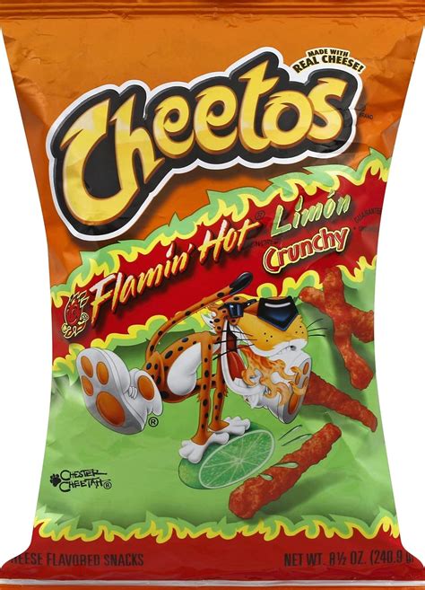 Limon hot cheetos. Cheetos Crunchy Flamin' Hot Limon Cheese Flavored Snack Chips, 3.25 oz Bag. Add $ 2 58. current price $2.58. 79.4 ¢/oz. Cheetos Crunchy Flamin' Hot Limon Cheese Flavored Snack Chips, 3.25 oz Bag. 206 4.5 out of 5 Stars. 206 reviews. EBT eligible. Pickup today. 