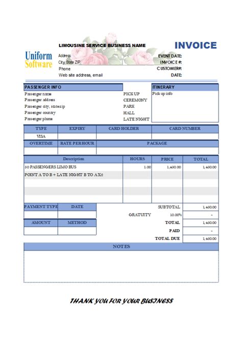 Limousine Service Invoice with Notes