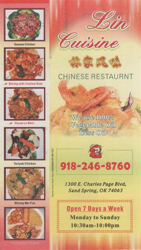 Lin cuisine sand springs. Share. 9 reviews #18 of 33 Restaurants in Sand Springs Chinese. 1300 E Charles Page Blvd #8512, Sand Springs, OK 74063 … 
