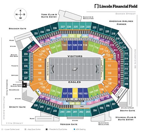 Lincoln financial seat map. As seen on the Lincoln Financial Field seating chart, the Upper Level Endzone seating location is positioned on the north and south sides of the stadium. While these seats may be commonly referred to as some of the worst seats at Lincoln Financial Field, the elevation of the seats allows for a decent view of the action and Sections 209-215 ... 