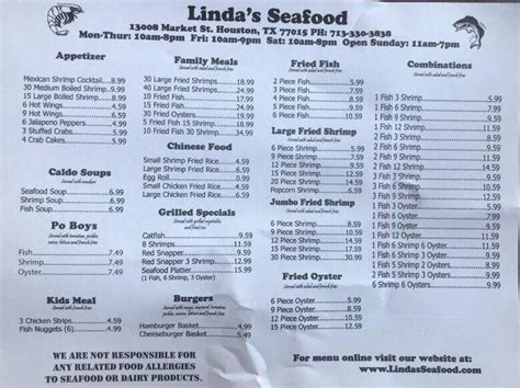 Enter link to the menu for Linda's Seafood. You can specify link to the menu for Linda's Seafood using the form above. This will help other users to get information about the food and beverages offered on Linda's Seafood menu. The actual menu of the Linda's Seafood restaurant. Prices and visitors' opinions on dishes.. 